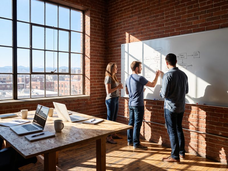A product team sketching a consent flow on a whiteboard against a red-brick wall, hard morning sun through a steel-framed window, coffee and laptops on a plywood table.
