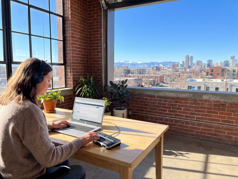 A woman with headphones and a refreshable braille display testing a web app at a desk by a tall sunlit window, exposed brick and a low Denver skyline outside.