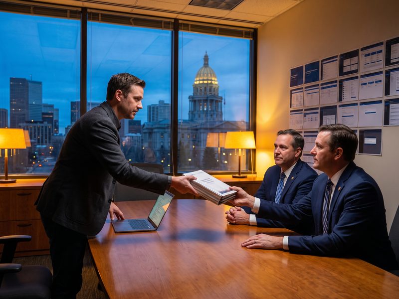 A designer passing a bound documentation binder and a laptop across a table to two city officials in the evening, a wall of printed screens behind, the lit capitol dome through the window at dusk.
