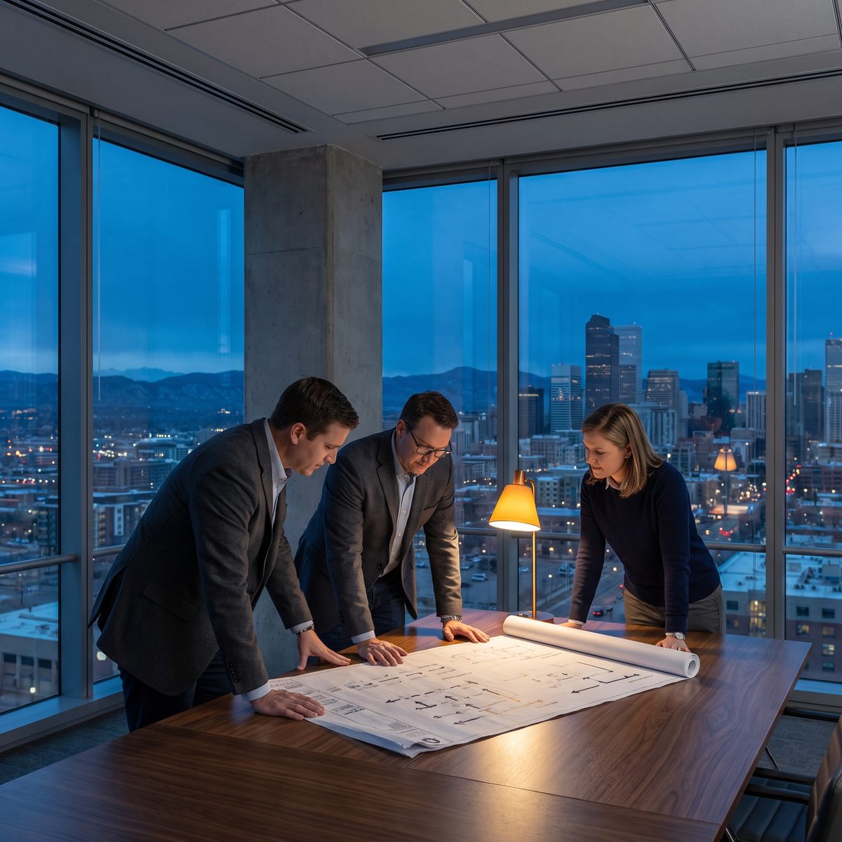 Three people over printed data-flow diagrams at a dark walnut table high in a downtown Denver tower at blue hour, the city lights and the dark mountain line below.