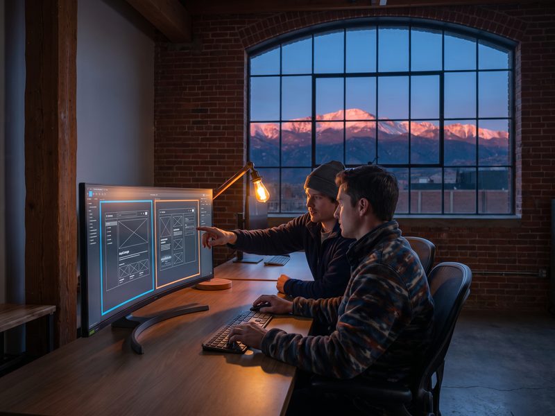 Two engineers pairing at a monitor of grey interface blocks with focus rings highlighted, at dusk in a brick loft, alpenglow on the Front Range through the window.