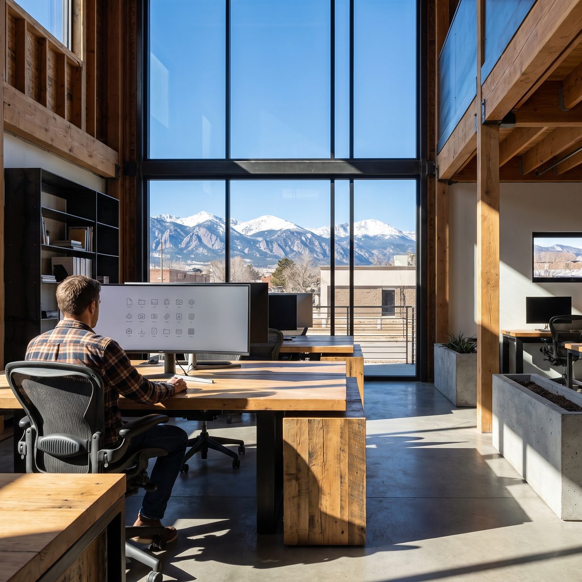 A designer in a flannel shirt at a wide monitor showing a grid of grey interface components, hard midday light across a concrete and timber studio, the mountains beyond the window.