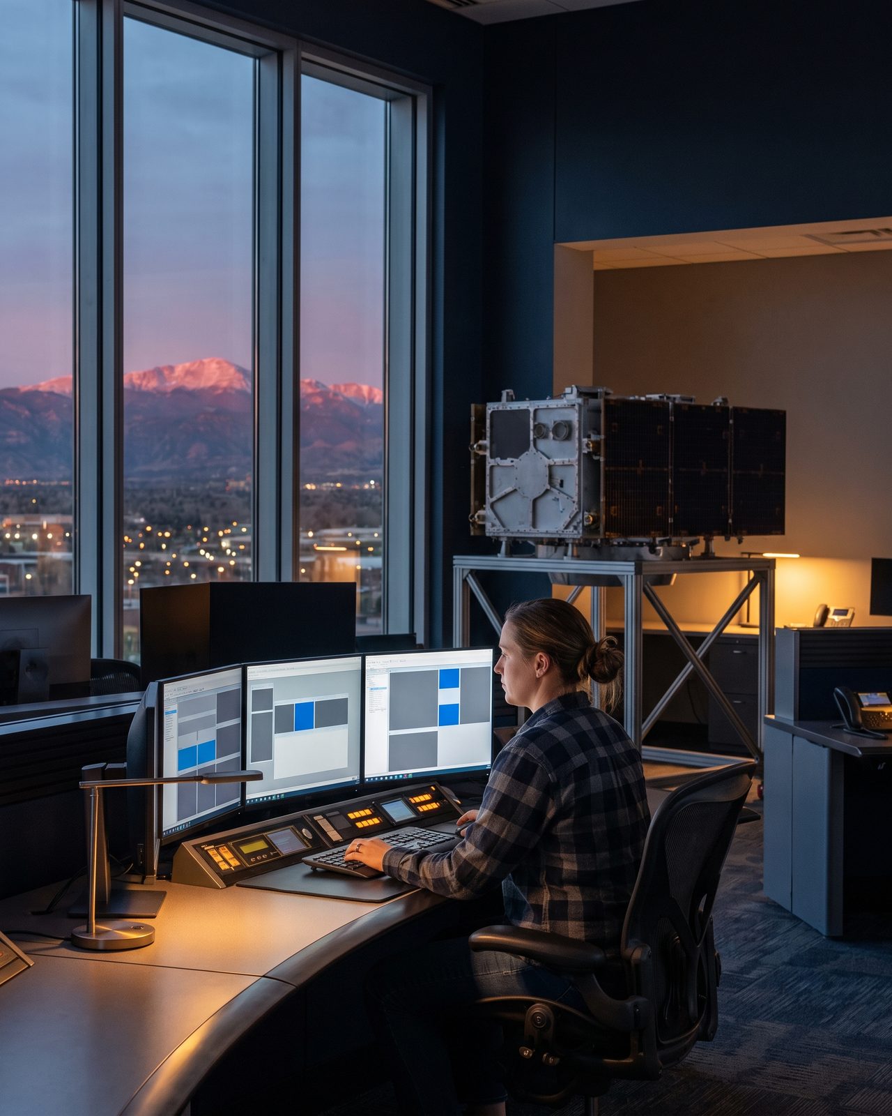 An engineer in a flannel shirt at a glowing console in a mission-operations room at blue hour, a wall of telemetry dashboards, a satellite bus on a stand behind her and alpenglow on the mountains through the window.