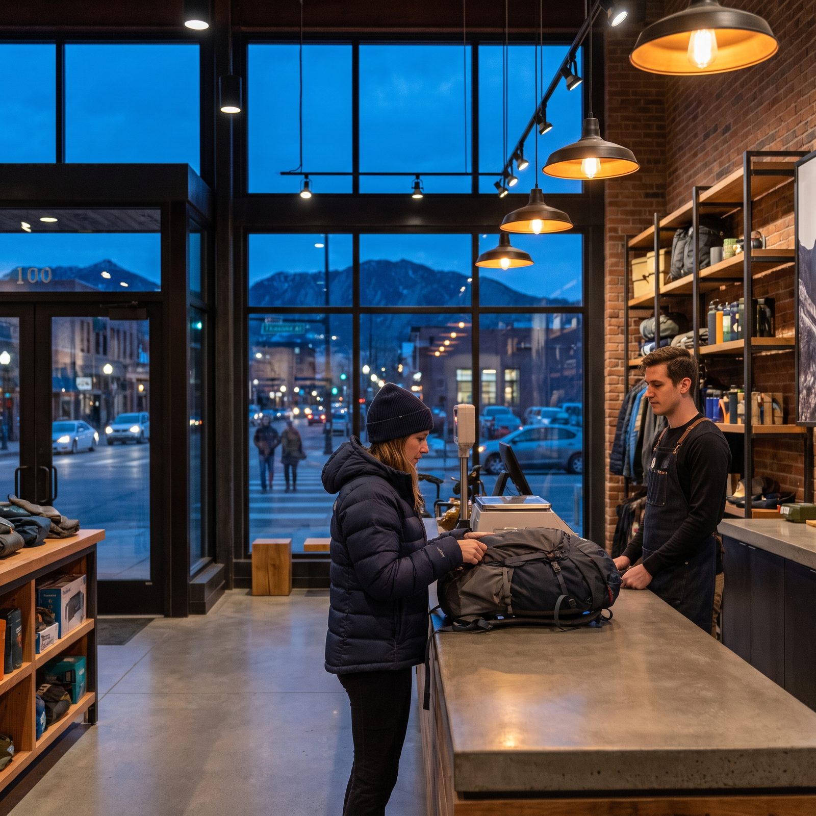 A customer in a down jacket weighing a pack in a flagship outdoor store at blue hour, timber and blackened-steel shelving under warm pendant lamps, an assistant at a concrete counter, the lit city and the mountain silhouette through the glass front.