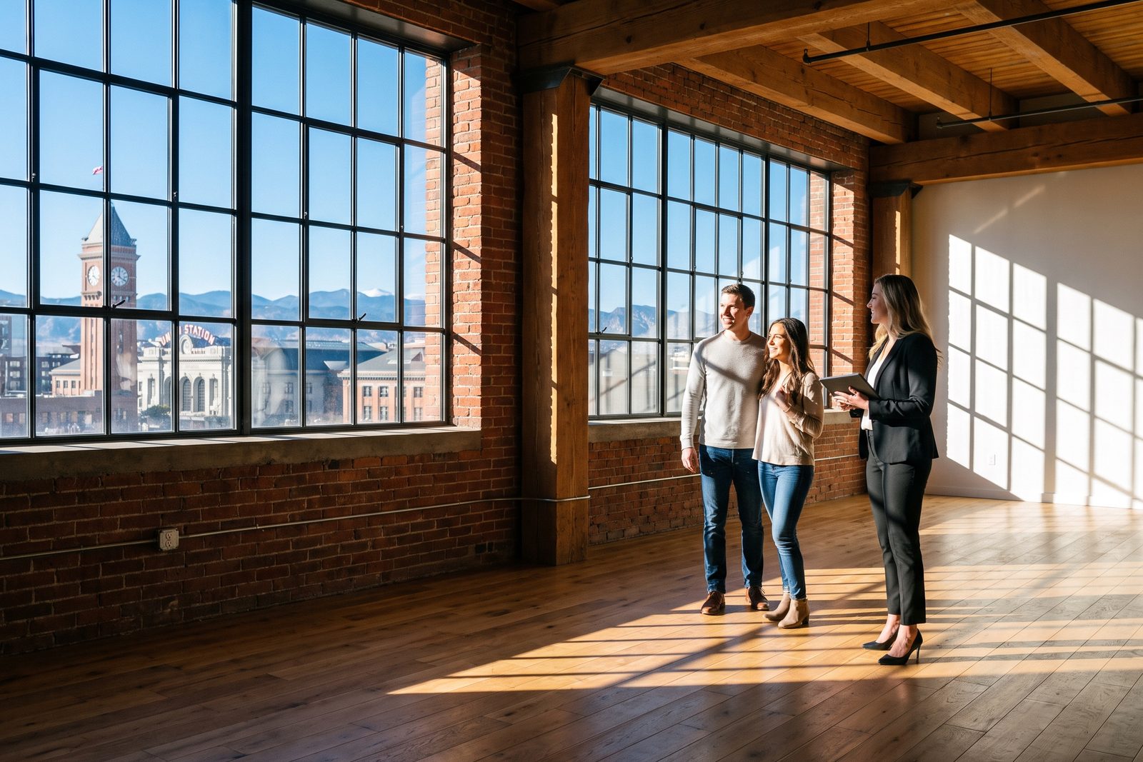 A young couple touring an empty new-build loft in LoDo with a broker holding a tablet, hard morning light down exposed brick and steel beams, Union Station&rsquo;s clock tower and the mountains through the tall windows.