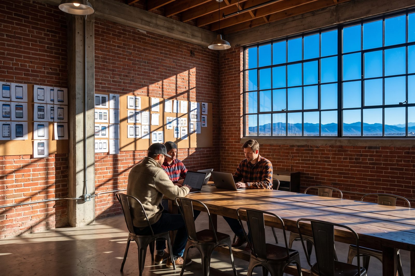 A founding team of three in fleece and flannel around a long timber table in a converted red-brick RiNo loft, hard midday sun through tall factory windows, laptops and a wall of printed app screens, the Front Range on the horizon through the glass.