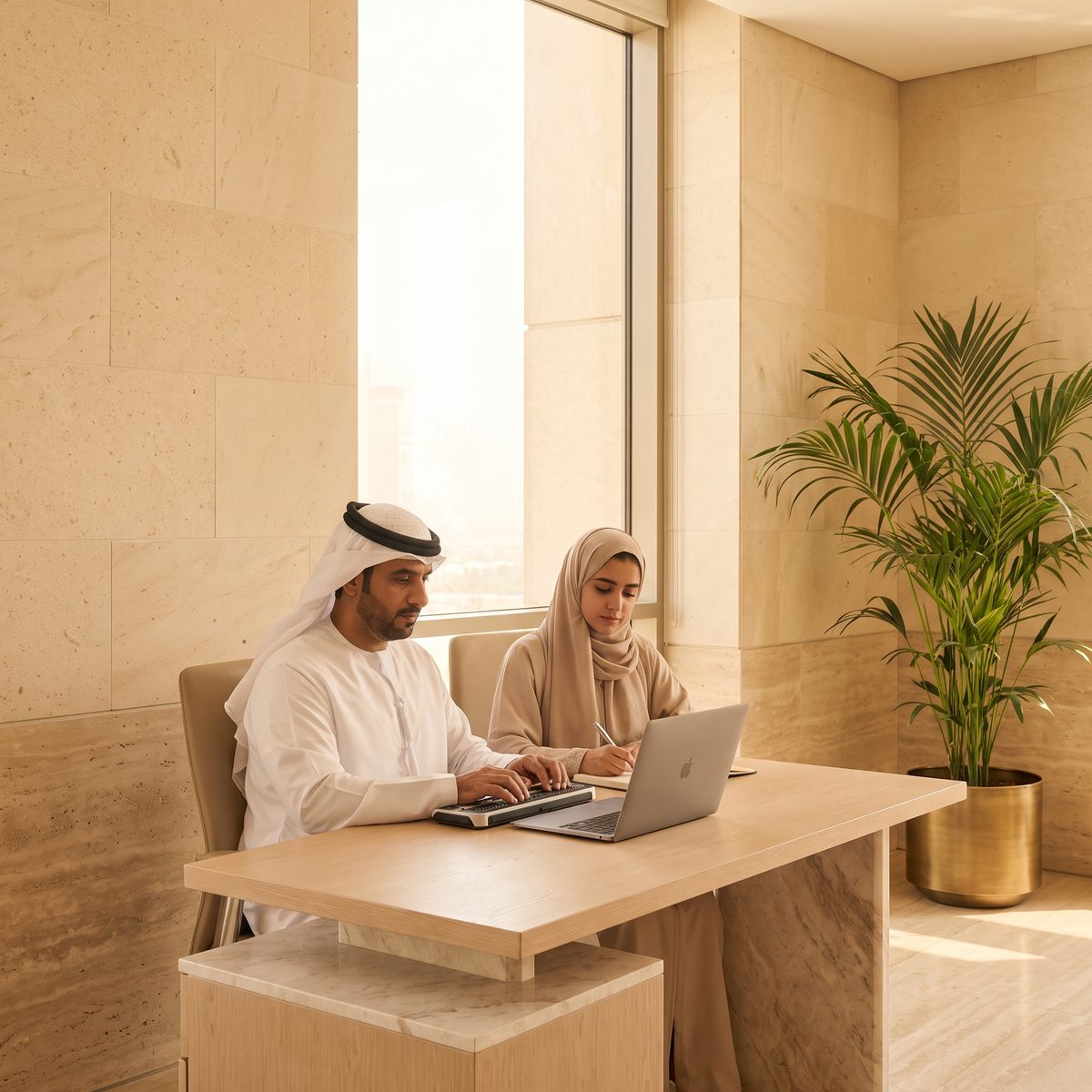 An Emirati man in a kandura and a colleague in a hijab testing a web application on a laptop at a pale oak desk in a warm stone-walled office.