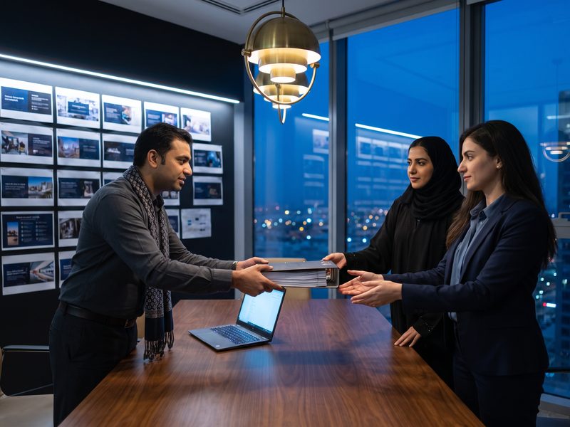 A designer passing a bound documentation binder and a laptop across a dark table to an Emirati woman in an abaya and her colleague in the evening, a lit wall of printed screens behind, the city at dusk through the glass.