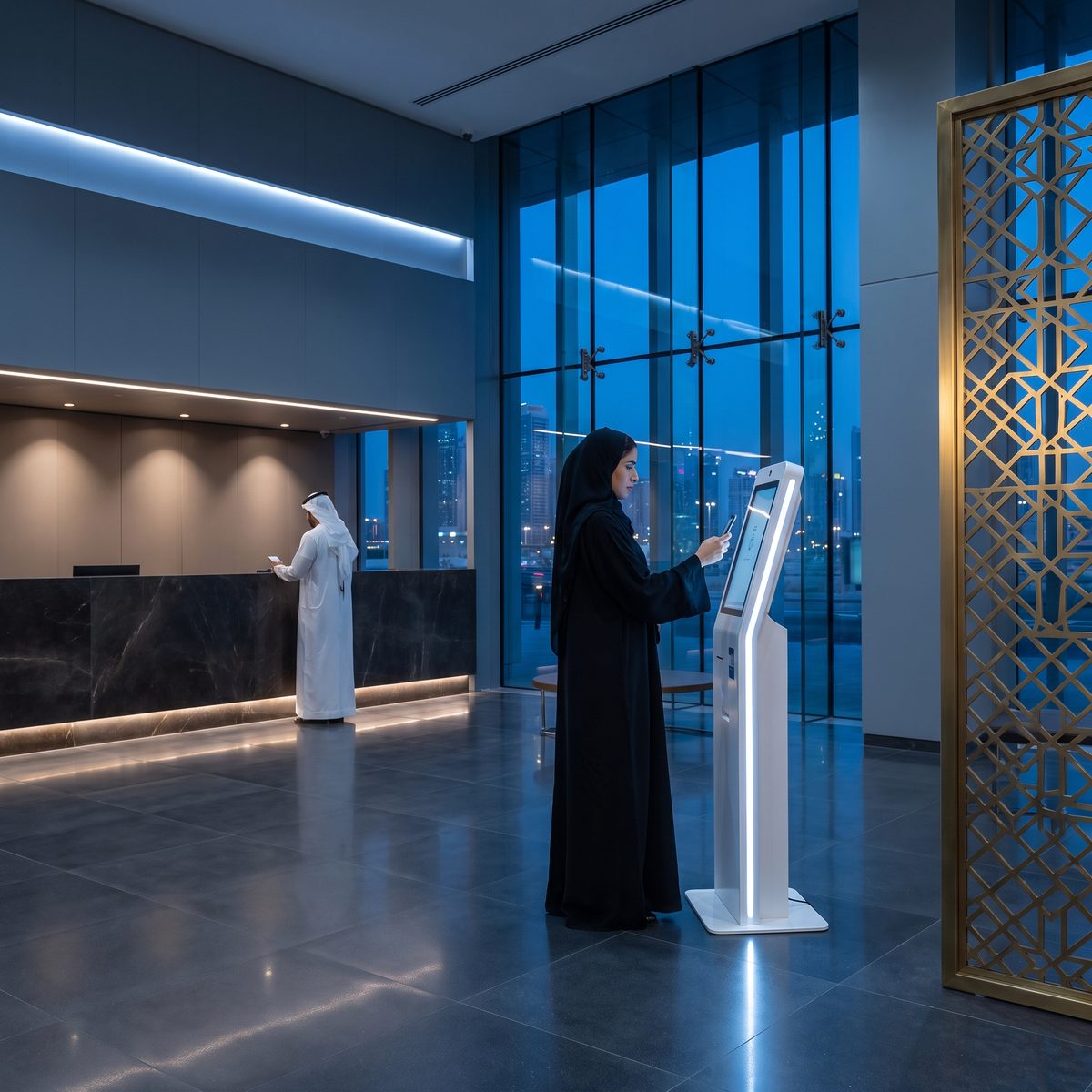 A government customer-happiness centre in Dubai in the evening: a woman in an abaya holding her phone to a glowing self-service kiosk, a man in a kandura at a dark marble counter, a brass mashrabiya screen and deep-blue windows.