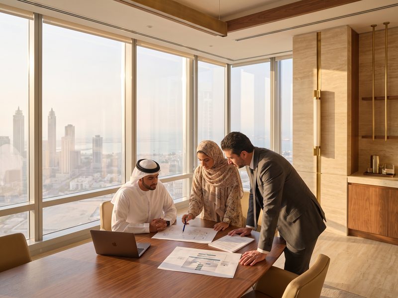 An Emirati man, a woman in a hijab and a man in a suit over printed system diagrams on a walnut table high in a Dubai tower, the hazy city and sea below.