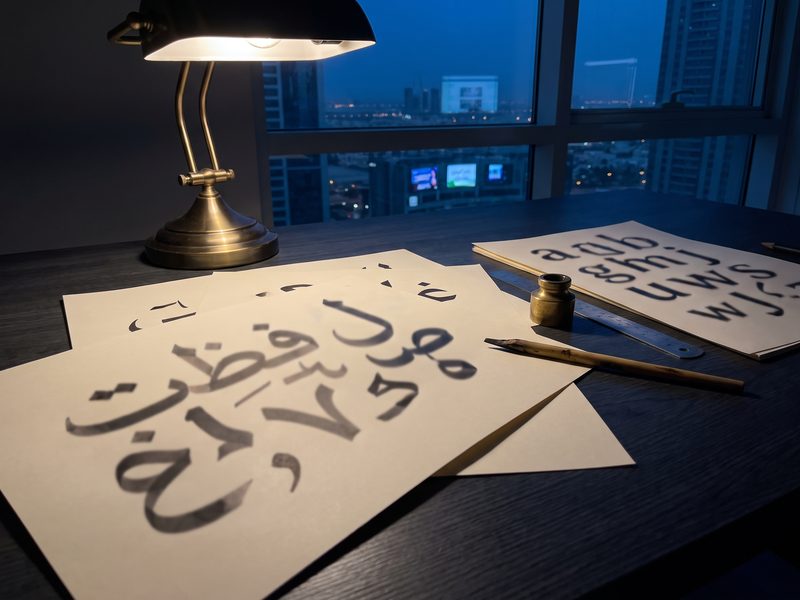 Proof sheets of Arabic and Latin letterforms under a brass desk lamp at night, a reed pen and inkwell, the dusk city through the window behind.