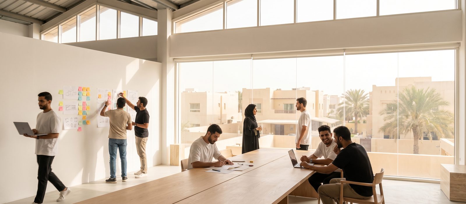Young designers of mixed backgrounds in a bright converted-warehouse studio in Dubai&rsquo;s design district: one walking through with a laptop, others at a wall of sticky notes and along a long oak table; sunlit sand-coloured buildings and palms through the glass.