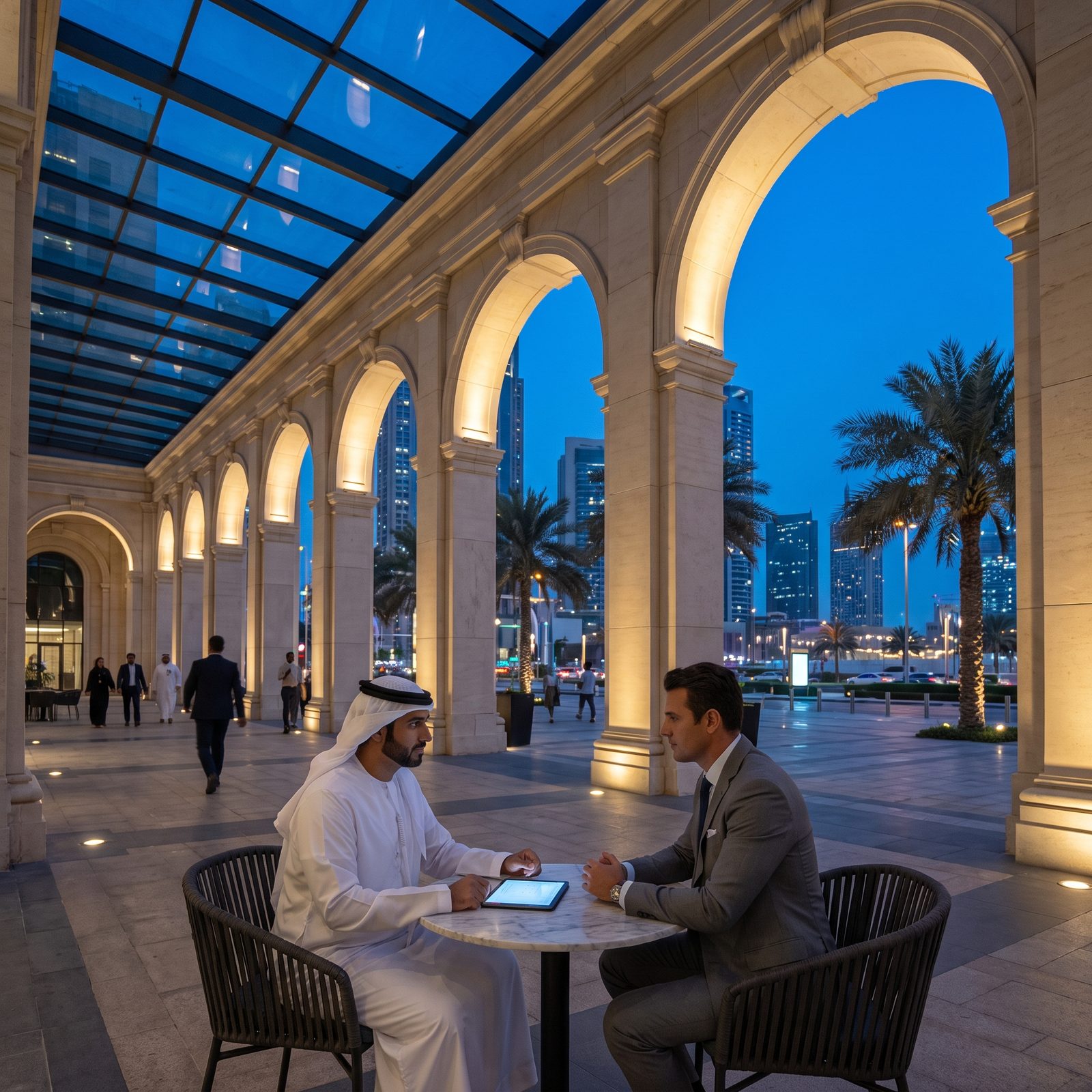 A limestone arcade in Dubai&rsquo;s financial district at blue hour, the arches uplit under a glass roof: an Emirati advisor in a kandura and a client in a grey suit at a small marble table with a tablet, lit towers beyond.