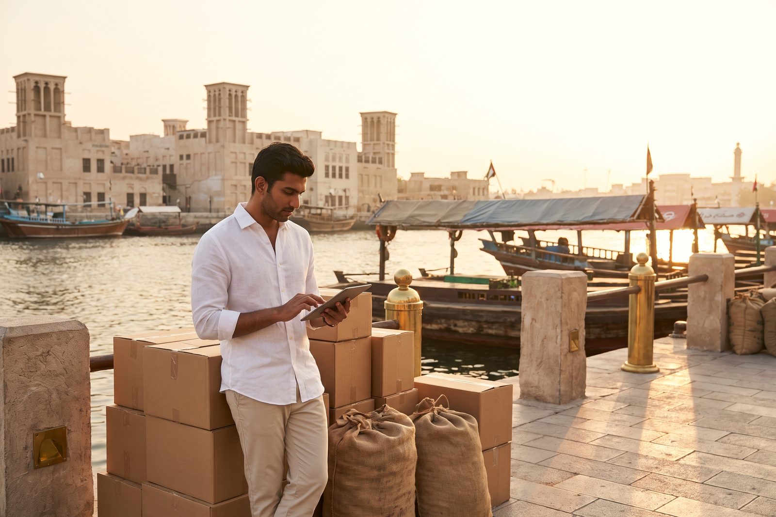 A young founder with a tablet on the wharf of Dubai Creek at golden hour, cartons and sacks beside him, wooden dhows moored behind and the wind towers of the old town across the water.