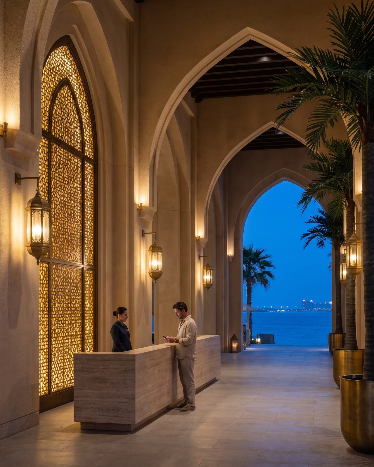 A beachfront resort lobby in Dubai at blue hour: pointed sandstone arches lit by brass lanterns, a glowing mashrabiya screen, a guest in linen checking in at a travertine desk, the dark sea through the far arch.