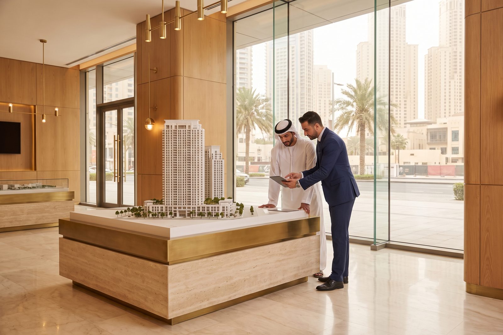 A developer&rsquo;s sales lounge in Dubai: an Emirati buyer in a kandura and a broker over a white scale model on a brass-edged plinth, warm marble and wood, towers and date palms through the glass.
