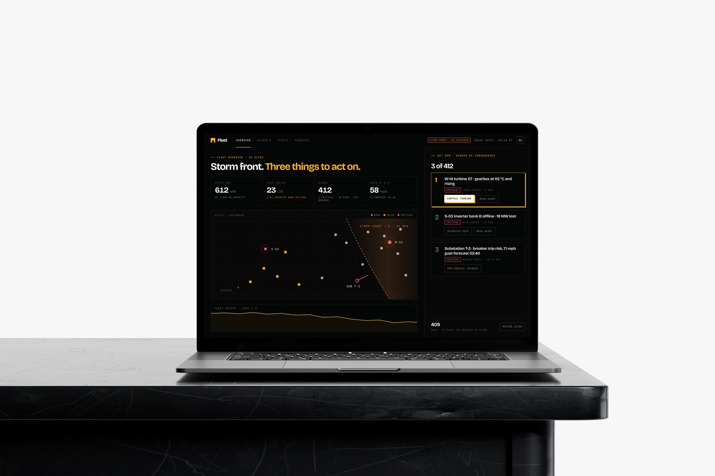 Concept screen on a laptop: a dark operations dashboard for an unbranded Colorado wind and solar fleet during a storm front, with three critical alarms ranked first.