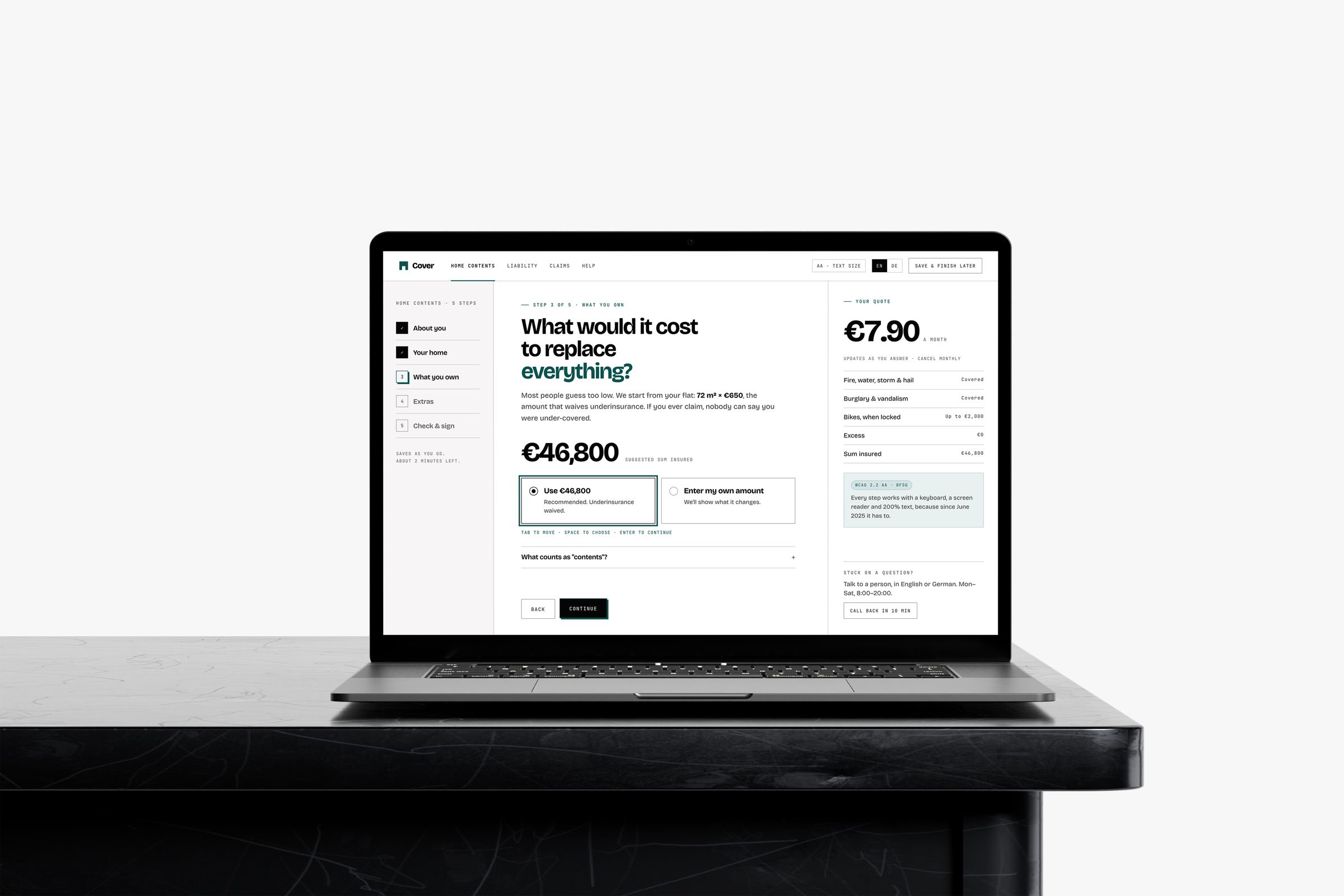 Concept screen on a laptop: an unbranded home-contents quote asking one question at a time, with a suggested sum insured and a live monthly price beside it.