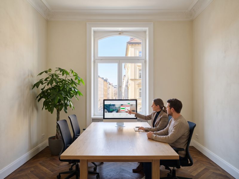 A designer and an accessibility consultant at an oak desk beneath a tall Altbau window, the consultant pointing at a monitor showing a page with a contrast-check overlay.