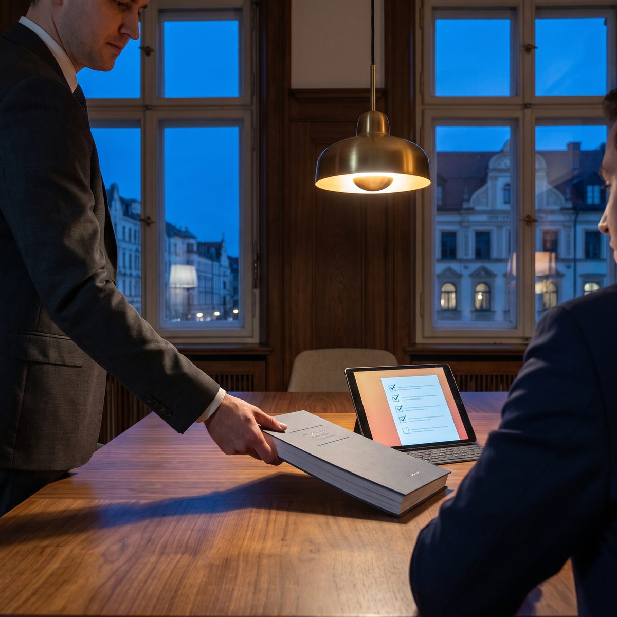 A consultant sliding a bound grey report across a walnut table to a client, a tablet with a ticked checklist beside it, a brass pendant lamp, Altbau facades at dusk through the window.