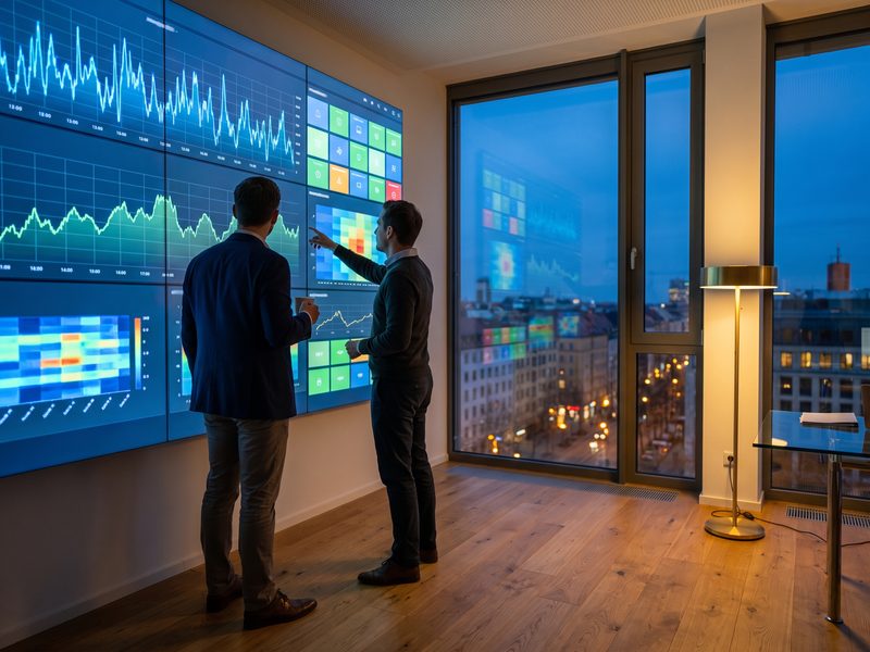 Two people before a wall of glowing dashboard charts in a Munich office at blue hour, one pointing, the city lights through the window.