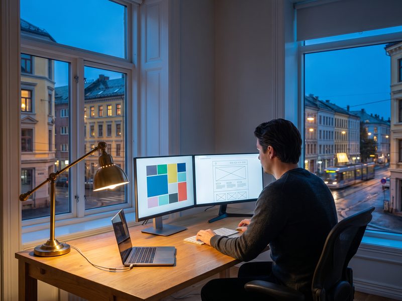 A developer at two monitors in the evening, colour-coded code on one and the rendered interface on the other, a brass desk lamp, the dusk street and its lit windows outside.