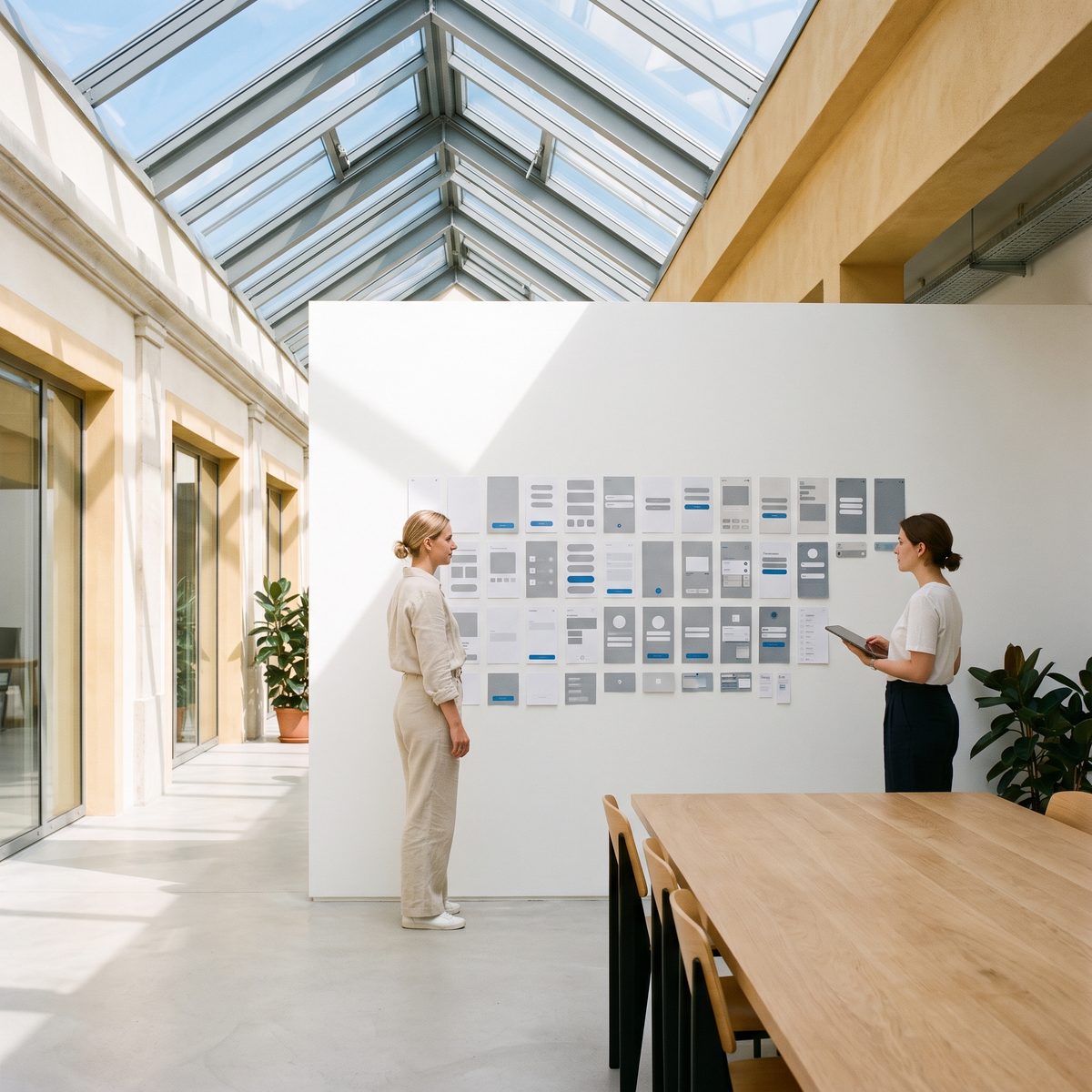 Two designers in a bright sawtooth-roofed studio in front of a white wall pinned with a neat grid of interface components, one holding a tablet.