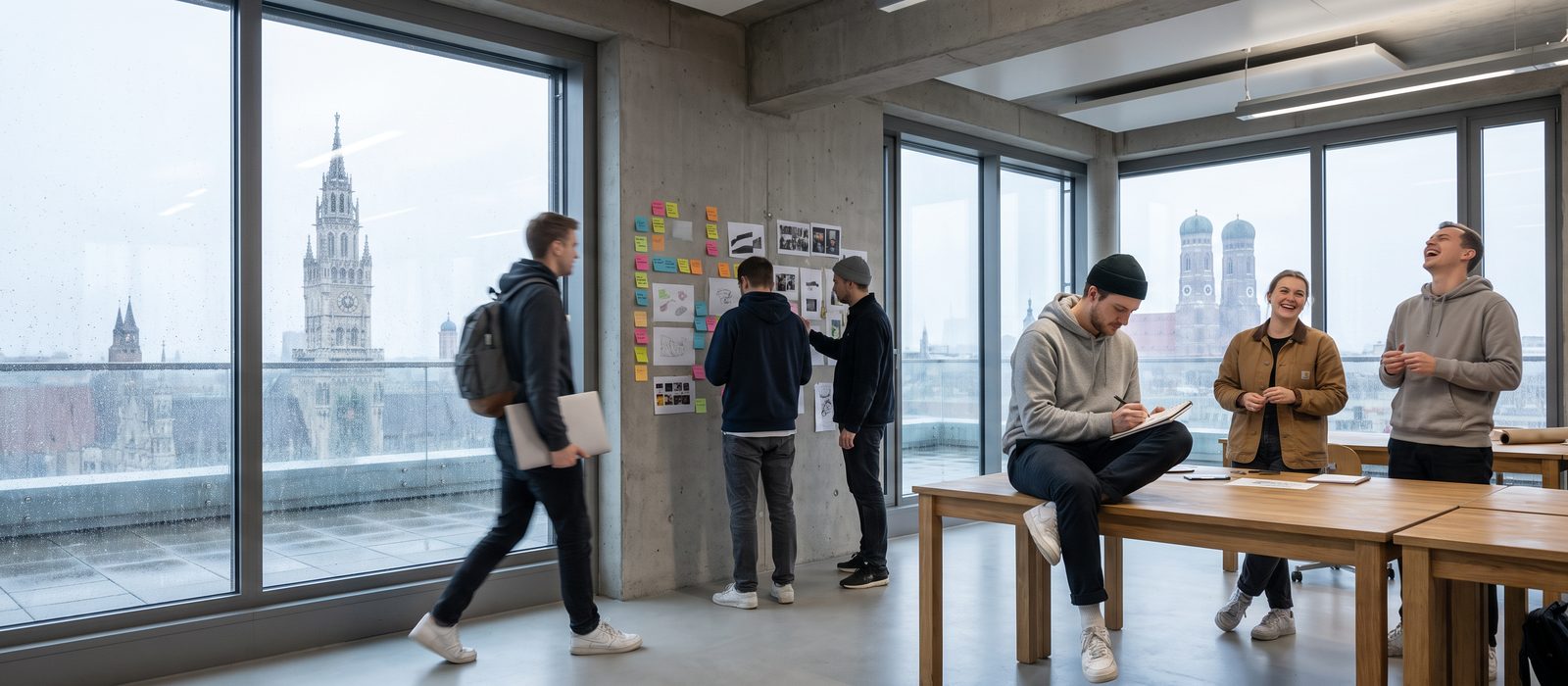 Young designers in a glass-walled studio in Munich: one walking through with a laptop, two at a wall of sticky notes and sketches, one sketching on the table edge, two laughing — the Rathaus tower and Frauenkirche through the windows.