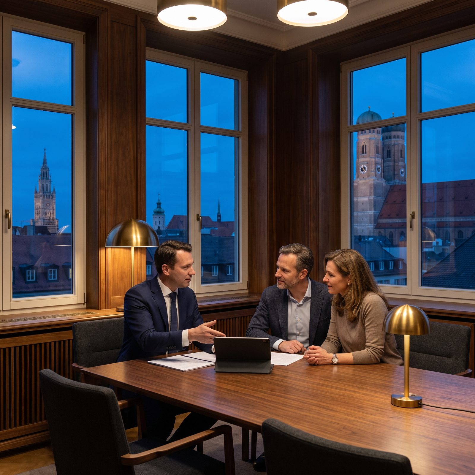 An advisor and a couple at a walnut table in a Munich insurance headquarters at dusk, a tablet between them, the lit towers of the Frauenkirche and the Rathaus through the windows.