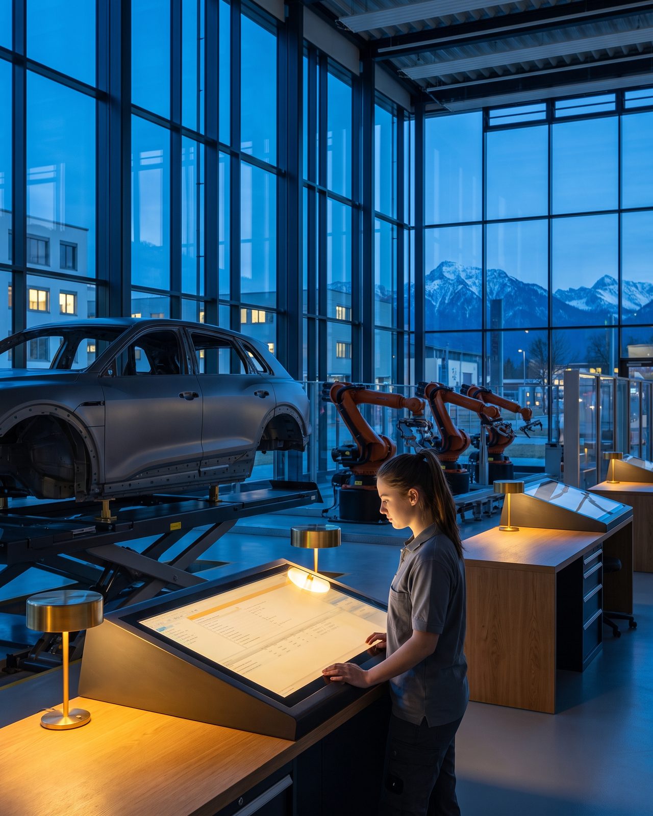 An engineer at a glowing console beside a grey car body on a lift in a Bavarian development hall at blue hour, orange robots paused behind, the Alps through the glass wall.