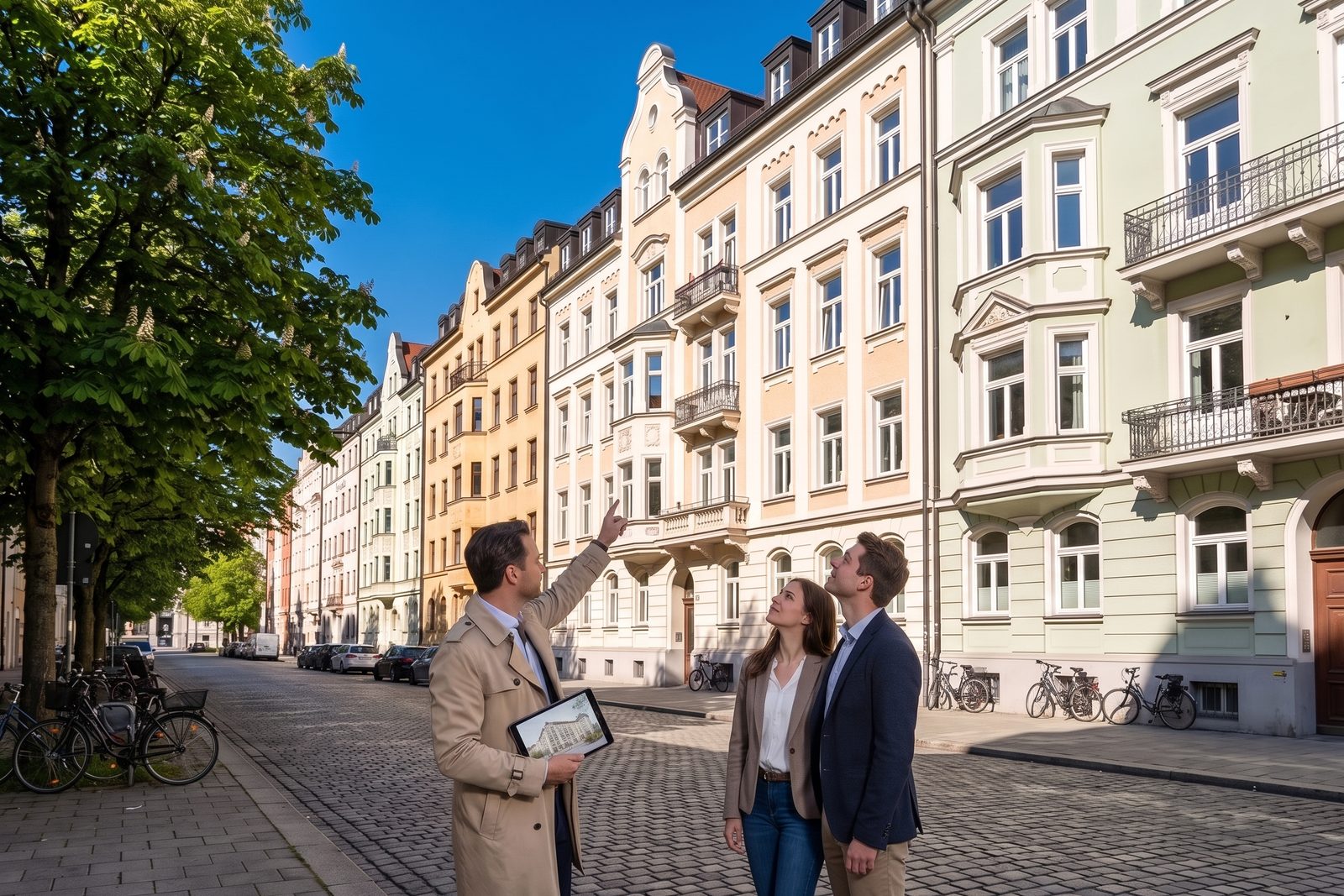 A property agent with a tablet showing a young couple a cream-and-ochre Altbau street in Maxvorstadt, bay windows and chestnut trees under a bright blue sky.