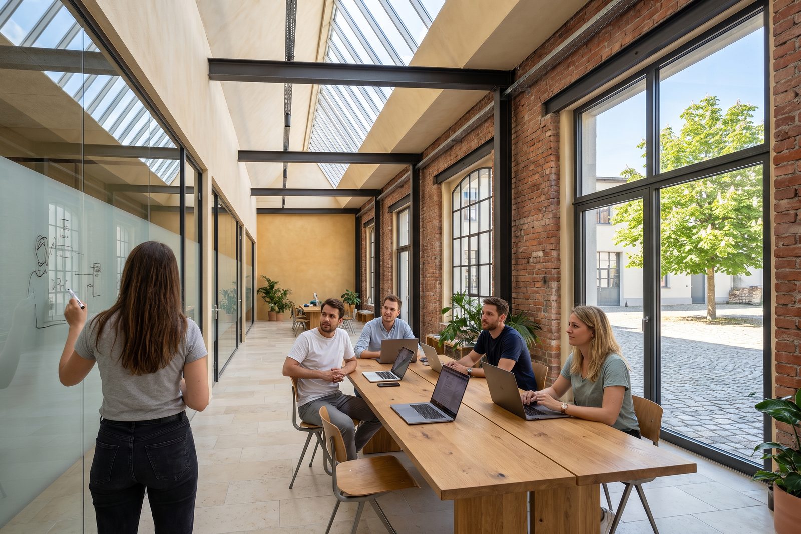 A founding team of five in a converted red-brick hall in Munich&rsquo;s Werksviertel, one woman sketching a product flow on a glass wall while the others turn to her, sunlight through sawtooth skylights.