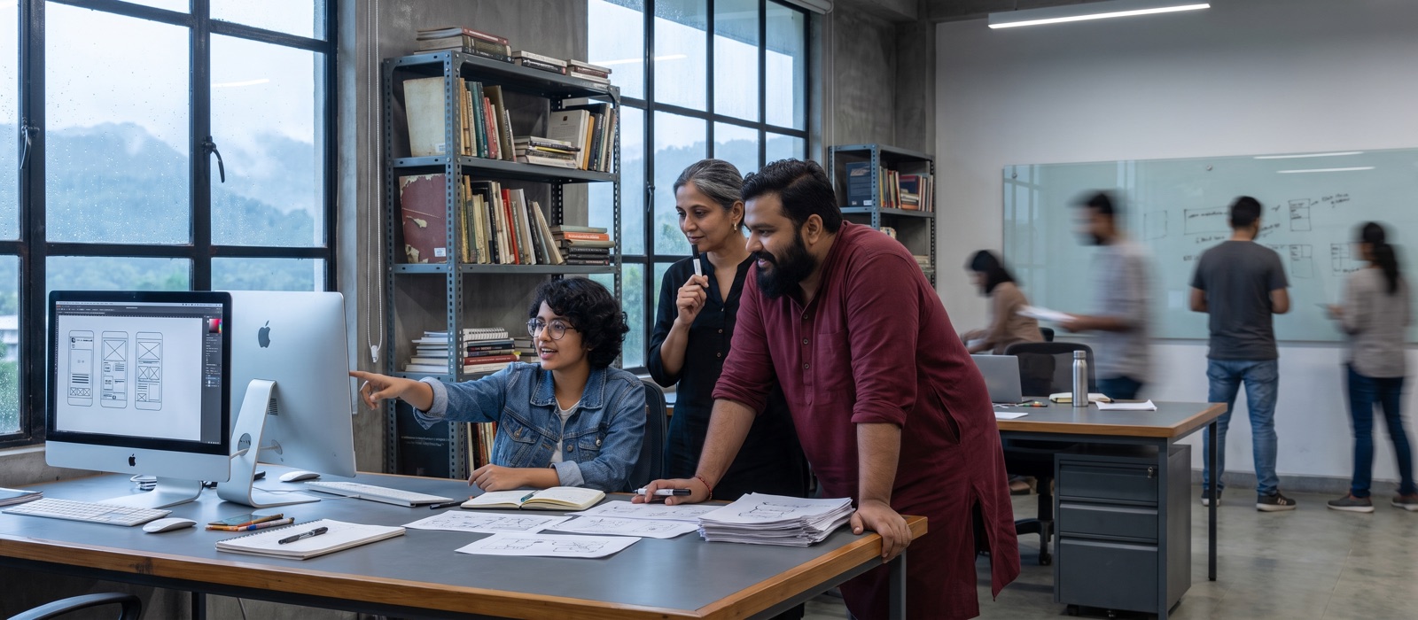 Four designers at work in a studio: one leaning back laughing, one crouched and pointing at a screen, one writing on a glass panel, one sketching in a notebook.