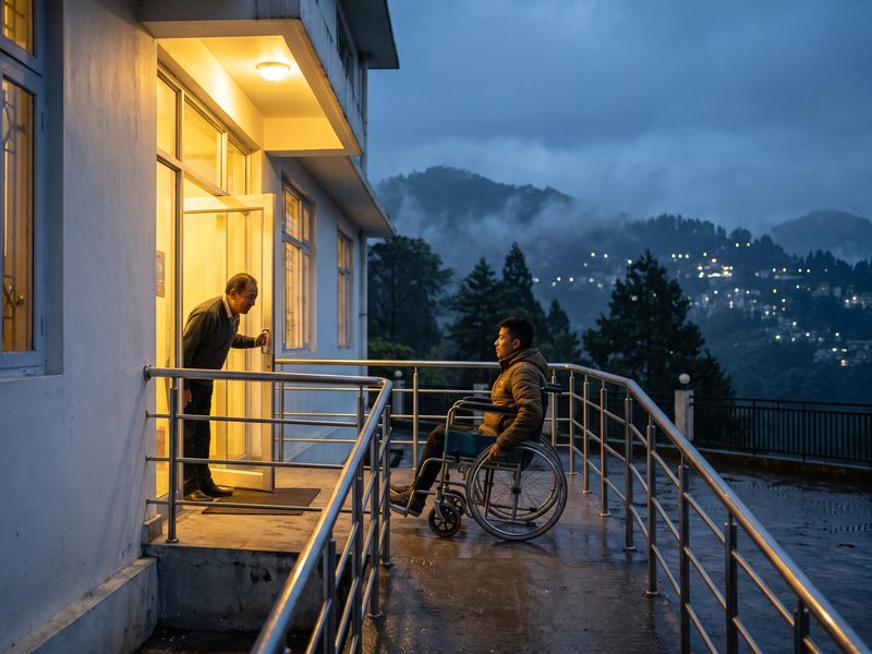 A young man in a wheelchair on a lit ramp to the glass doors of a public building in Gangtok at dusk, an attendant holding the door, the lights of the hillside town behind.