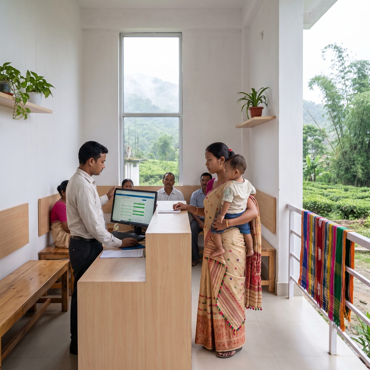 A young mother with a child on her hip at a bright citizen service centre counter in Guwahati, the clerk turning his screen towards her, people waiting calmly on timber benches, tea gardens through the window.