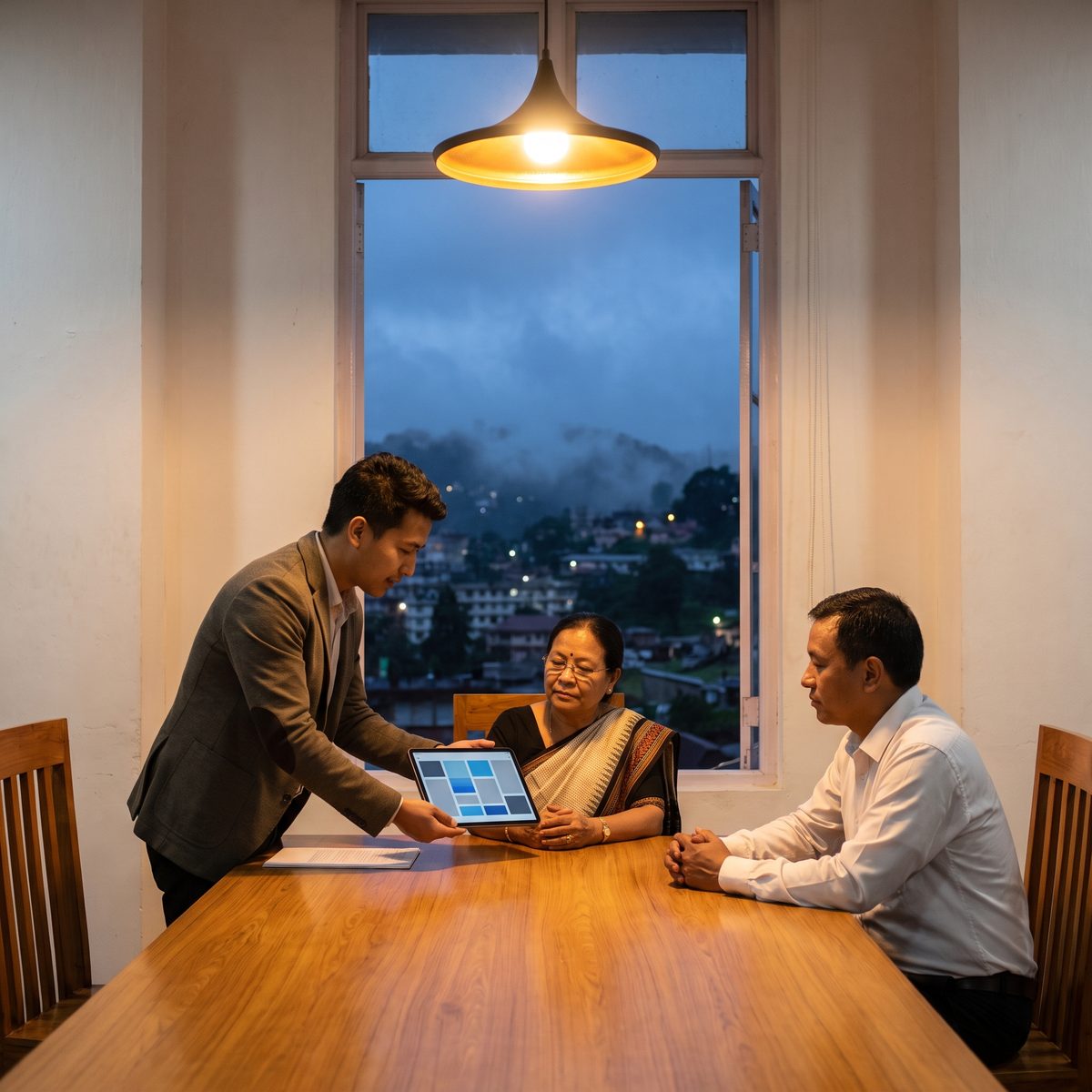 A designer handing a tablet with a grid of interface components to a senior woman officer and her colleague under a pendant lamp in a Shillong meeting room, the hillside town lit at dusk outside.