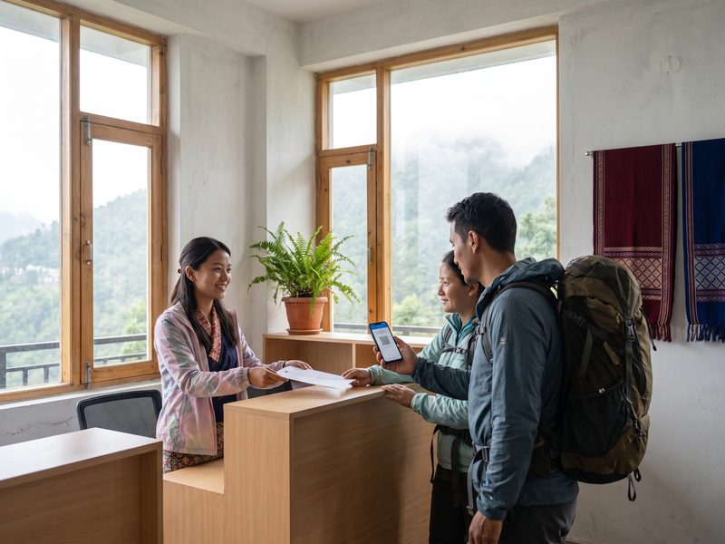 A young Sikkimese officer at a bright permit counter handing a printed permit to a travelling couple, the man holding up a QR code on his phone, green hills through the window.