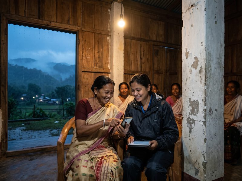 Evening in an Assam village hall: a field officer with a tablet showing an older woman in a mekhela chador the confirmation of a scheme payment on her phone, neighbours behind, misty hills through the open door.