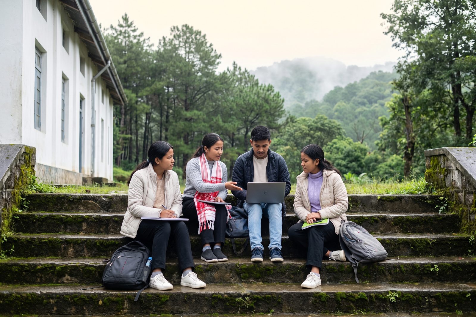 Four students with laptops on the stone steps of a whitewashed campus building in Shillong on a bright morning after rain, pines and mist-covered hills behind.