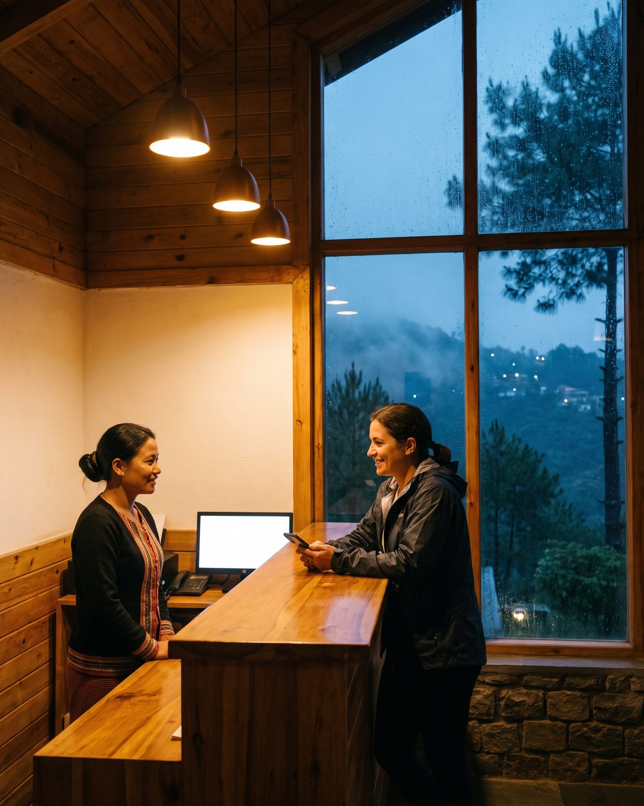 The timber reception of a hill resort near Shillong at monsoon dusk, a guest in a rain jacket checking in on her phone, a Khasi receptionist smiling, pines and mist through the tall window.