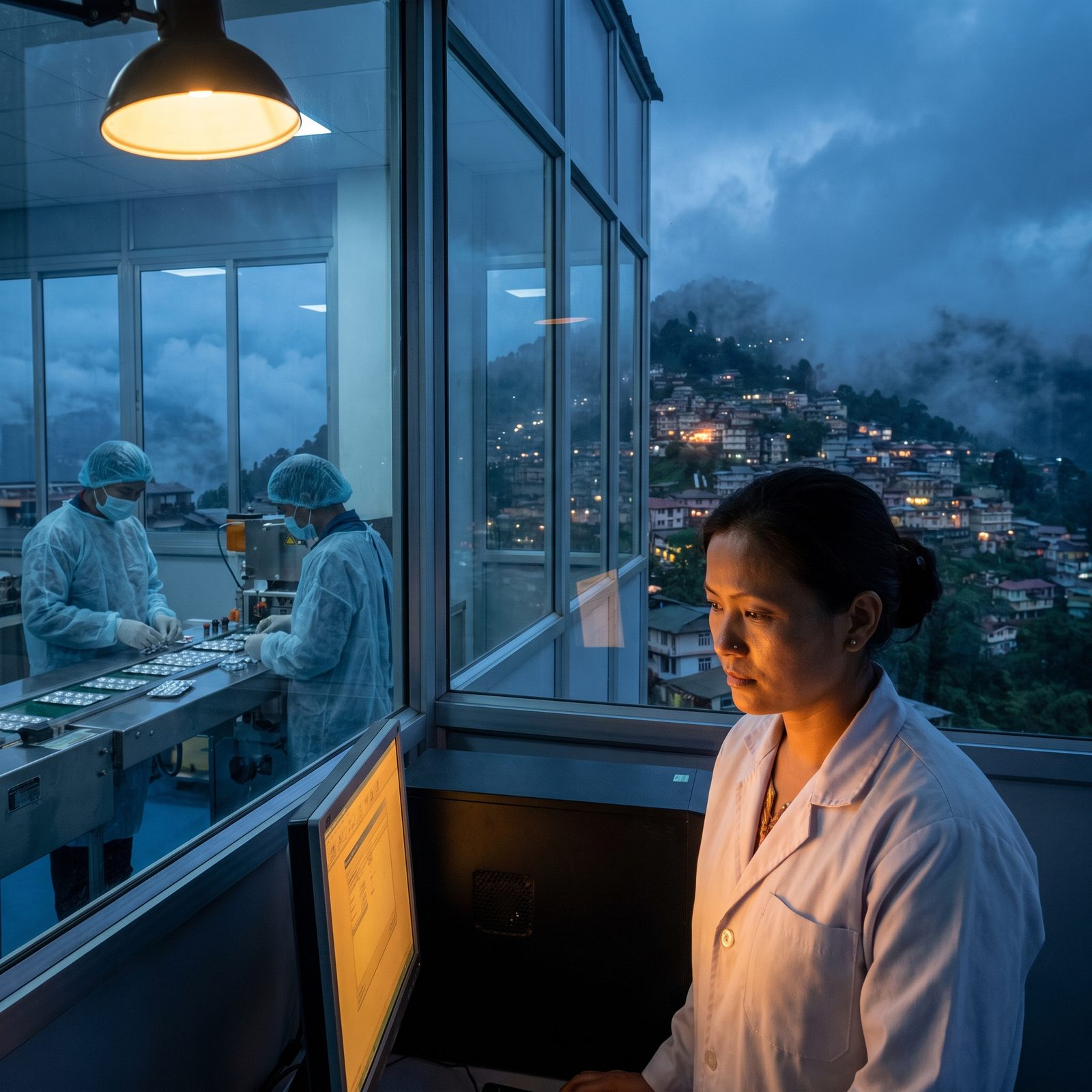 A quality supervisor in a white coat at a glowing monitor in the glass-walled control room of a Sikkim pharmaceutical plant at dusk, gowned technicians on the line behind, the lights of the hillside town outside.