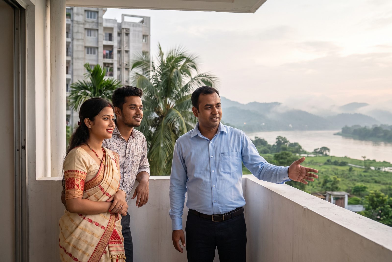 A sales executive showing a young Assamese couple, the woman in a mekhela chador, the view from a new apartment balcony in Guwahati: the Brahmaputra and green hills under a soft post-monsoon sky.